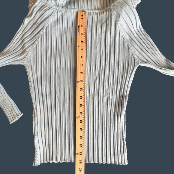 Beaded Womens Large Sweater Blue Ribbed Knit Off Shoulder Pullover Hong Kong 90s - Picture 11 of 13